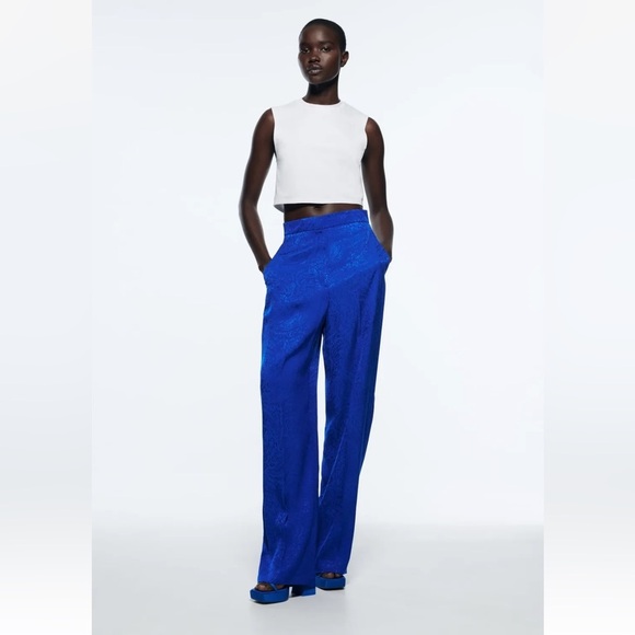 Zara Blue Satin Wide Leg High Waisted Pants - Picture 5 of 10